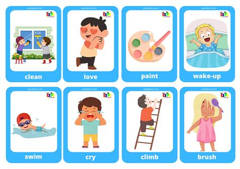 Verbs mini cards for kids to play and learn new vocabulary - Ezpzlearn.com