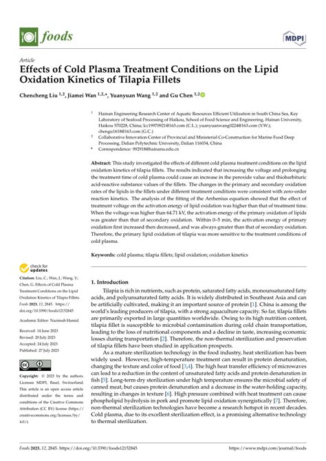 (PDF) Effects of Cold Plasma Treatment Conditions on the Lipid Oxidation Kinetics of Tilapia Fillets