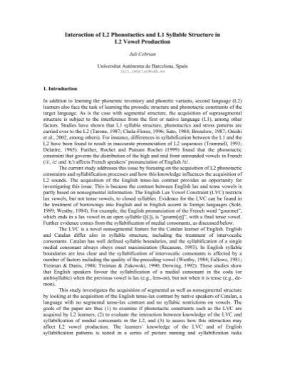 Interaction of L2 Phonotactics and L1 Syllable Structure in L2 Vowel ...