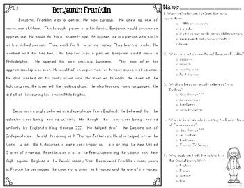 Benjamin Franklin Differentiated Reading Passages and Comprehension Questions