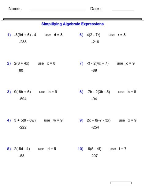 Algebraic Expressions Worksheets Evaluating One Variable Worksheets 3 ...