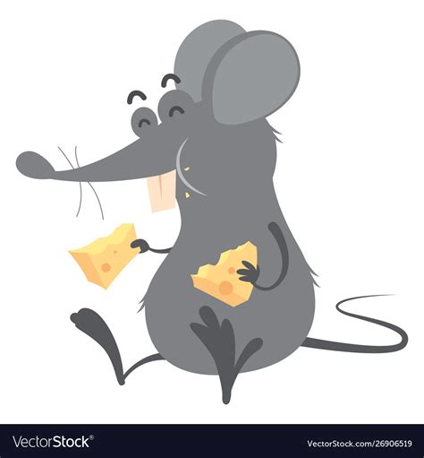 Cartoon gray rat eating cheese Royalty Free Vector Image