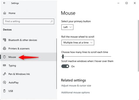 How to configure the mouse settings and sensitivity, in Windows 10