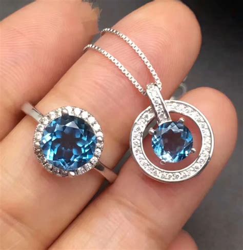 Natural blue topaz Ring Pendant Natural Gemstone Jewelry Set 925 Silver ...