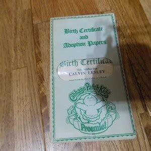 Cabbage Patch Kids Adoption Papers Birth Certificate CPK Calvin Lesley ...