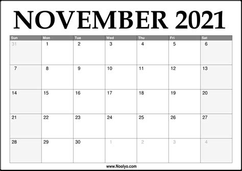 2021 November Calendar Printable – Download Free - Noolyo.com