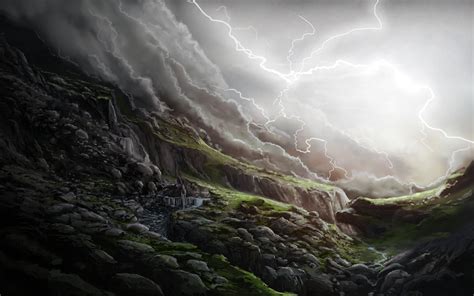 art, Lightning, Glen, Stones, Slope, Waterfall, Rain, Storm, Clouds ...