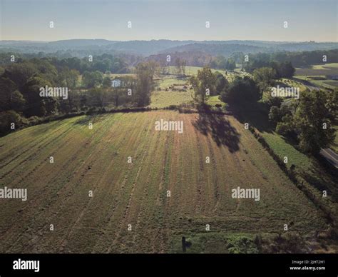 An aerial view of a cultivated land surrounded by trees Stock Photo - Alamy