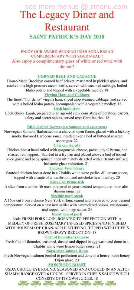 Menu at Legacy Diner restaurant, Audubon