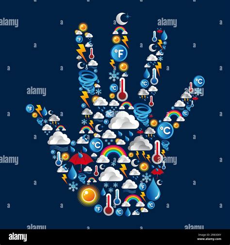 Weather icons set in hand shape over blue background. Vector file layered for easy manipulation ...