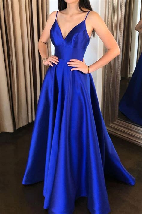 A Line V Neck Royal Blue Satin Long Prom Dress, Royal Blue Formal Grad ...