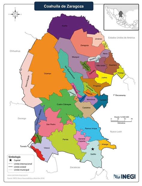 Mapa de Coahuila con nombres y división política - México Desconocido