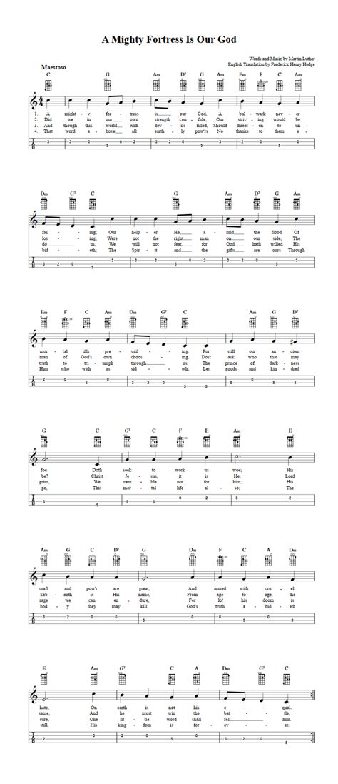 A Mighty Fortress Is Our God - Easy Mandolin Sheet Music and Tab with Chords and Lyrics