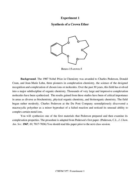 Crown ether 1 - Its lecture note. - Experiment 1 Synthesis of a Crown Ether O O O O O - Studocu