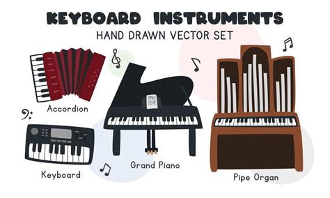 Keyboard instruments vector set. Simple cute accordion, grand piano, organ piano, pipe organ ...