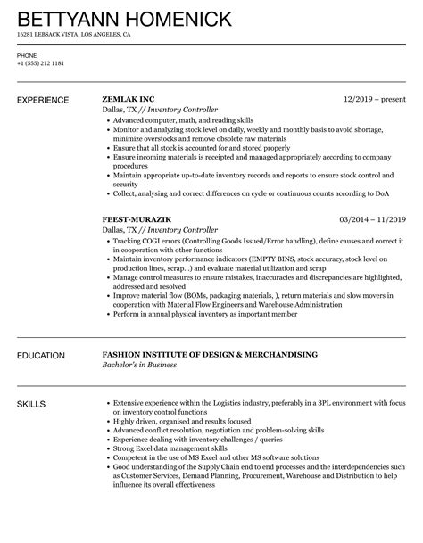 Inventory Controller Resume Samples | Velvet Jobs