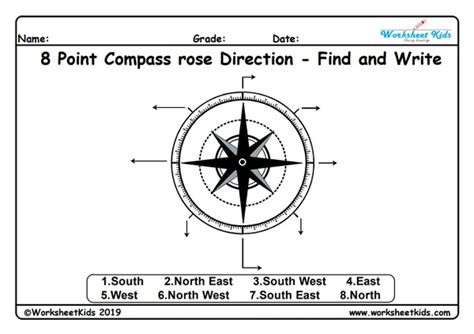 8 Point Compass Directions Find and Write - Free Printable Worksheet