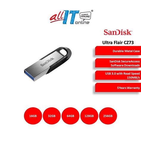 SanDisk Ultra Flair CZ73 USB 3.0 Flash Drive (16GB/32GB/64GB/128GB ...