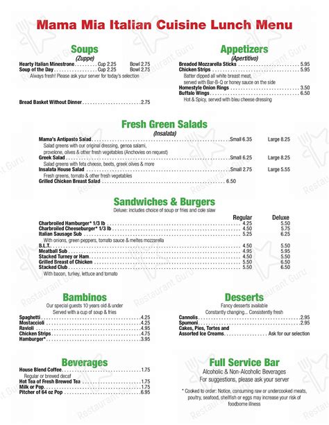 Menu at Mama Mia Livonia restaurant, Livonia