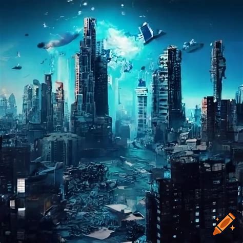 Image of a cyber city being destroyed with spaceships in the sky