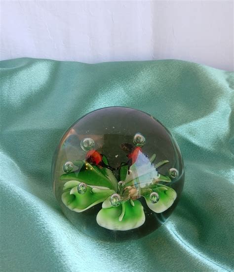 Vintage Hand Blown Glass Paperweight Green Flower with Bees | Etsy