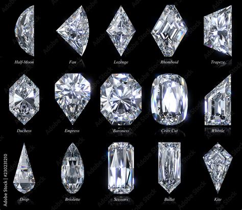 Fifteen exotic and rare diamond cut shapes with titles isolated on ...