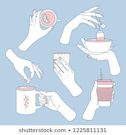 Women hands set. Hands holding tea and coffee cups and mugs. Feminine ...