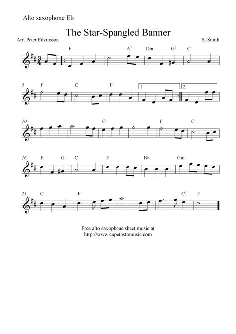 The Star-Spangled Banner, free alto saxophone sheet music notes