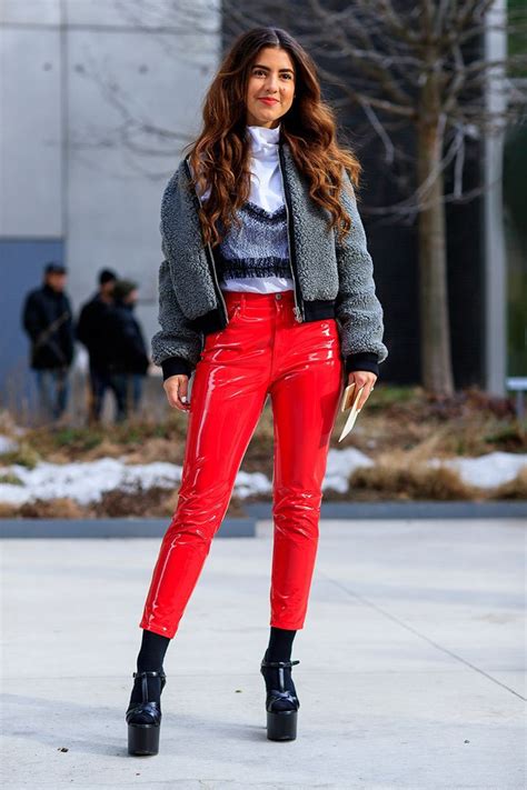 Red colour outfit, you must try with leather, jacket, denim | Patent Leather Pants Outfit ...