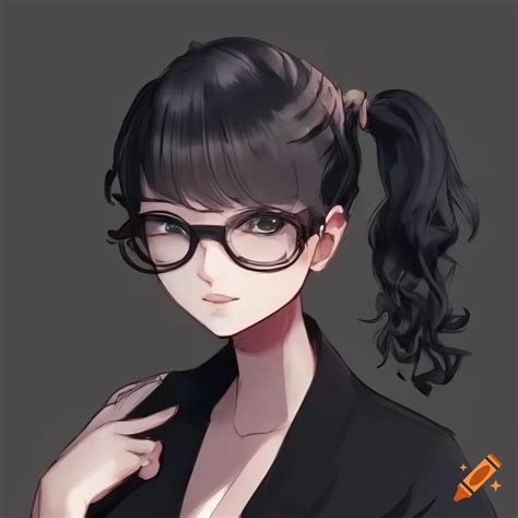 Anime girl with short curly black hair in a ponytail and glasses, wearing dark academia outfit ...