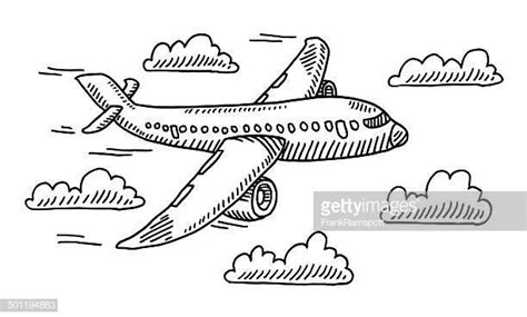 Hand-drawn vector drawing of an Airplane in the Sky and Clouds.... | Airplane illustration ...