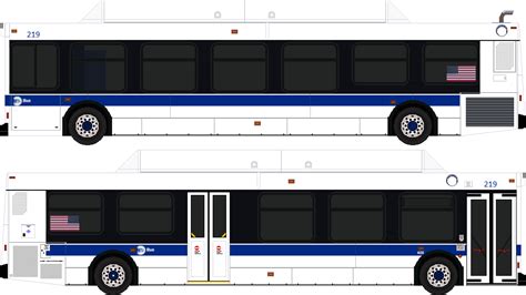 the blue and white bus is shown in three different views, one with an american flag on it