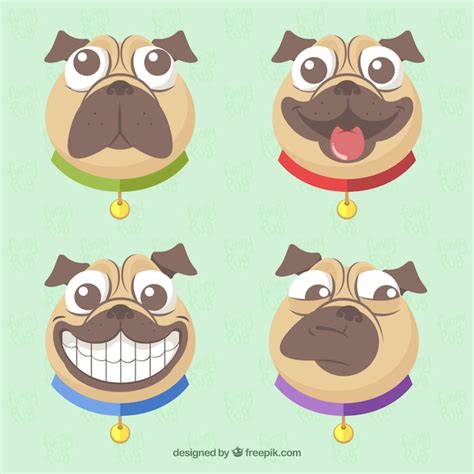 Funny pack of modern pug faces | Free Vector