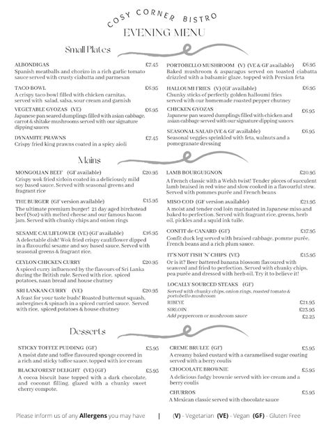 Menu at Cosy Corner Bistro restaurant, Builth Wells