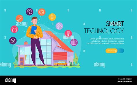Man standing near building equipped with smart home system colorful horizontal banner flat ...