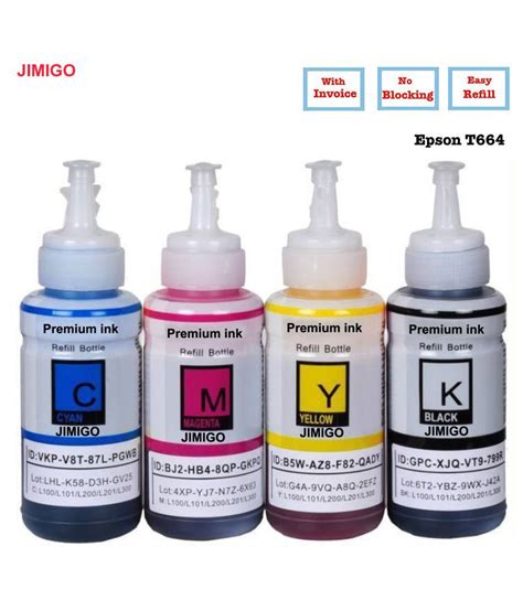 JIMIGO INK FOR EPSON L385 Multicolor Pack of 4 Ink bottle for Refill ink for Epson L130,L210 ...