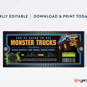 Monster Truck Show Ticket, Monster Truck Gift Idea, Surprise Monster ...