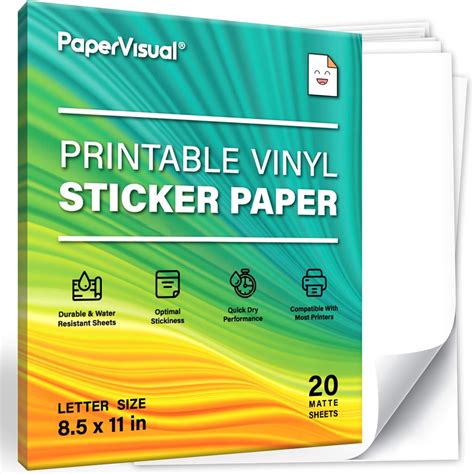 PaperVisual Printable Vinyl Sticker Paper for Inkjet Printer 20 Sheets Matte White Waterproof ...