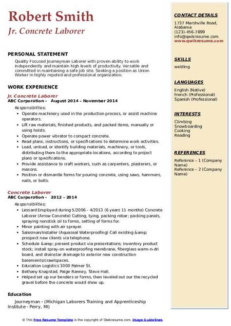 Concrete Laborer Resume Samples | QwikResume