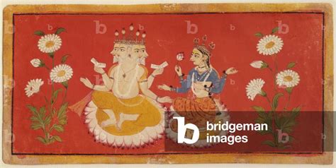 Image of Brahma seated with Saraswati Brahma holding the Four Vedas and ...