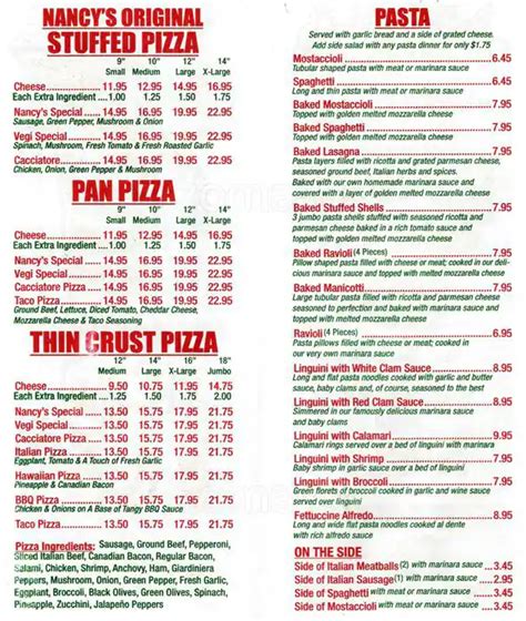 Menu at Nancy's Pizza pizzeria, Oak Lawn, W 95th St