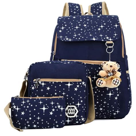 3Pcs/Set Women Star Printing Canvas Backpack Middle School Students ...