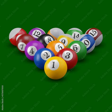 Pool or American billiards balls with numbers on the green table, ready to game. Snooker color ...