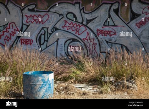 Graffiti and homeless camp near Los Angeles River, Downtown Los Angeles ...