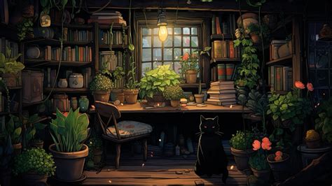 cozy bookstore art with a black cat, plants in 2024 | Vintage desktop ...