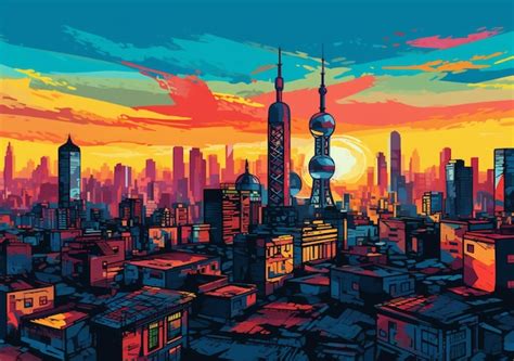 Premium Photo | Illustration of a city with a sunset in the background ...