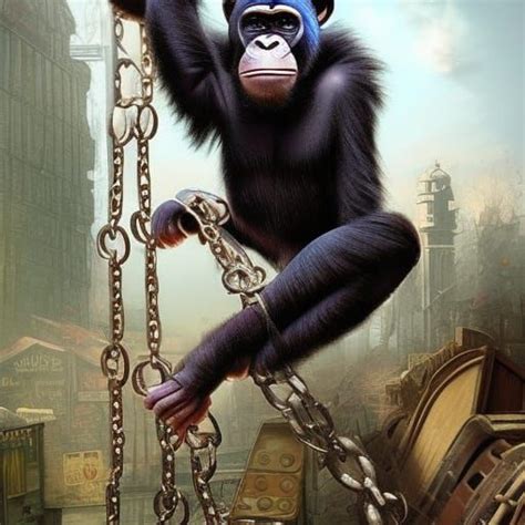 Sad chimp wearing chains and girly apron to clean wrecked bedroom Epic cinematic brilliant ...