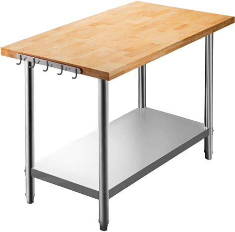 VEVOR Maple Top Work Table, 36 x 24 Inches Stainless Steel Kitchen Prep Table Wood, 1.5 Inches ...