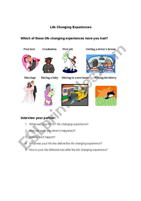 Life Changing Experiences - ESL worksheet by anahutten