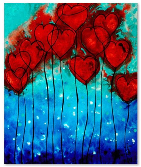 Romantic Heart Art PRINT Hearts On Fire Love Red And Blue